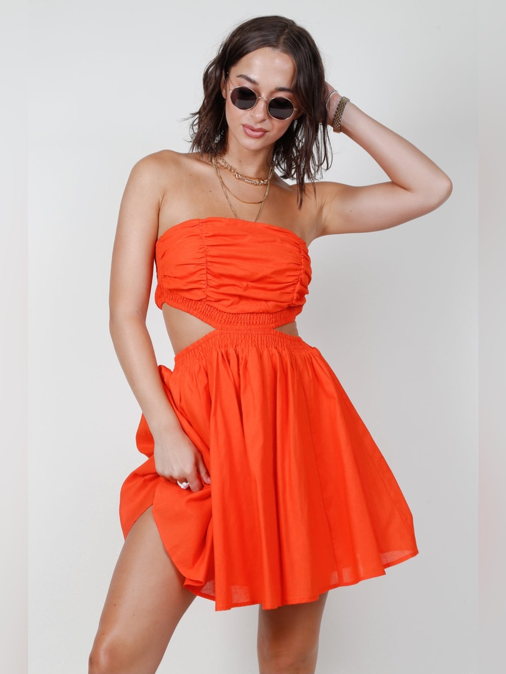 Mable Cotton Linen Cut-Out Dress – Tomato Red – Size M
